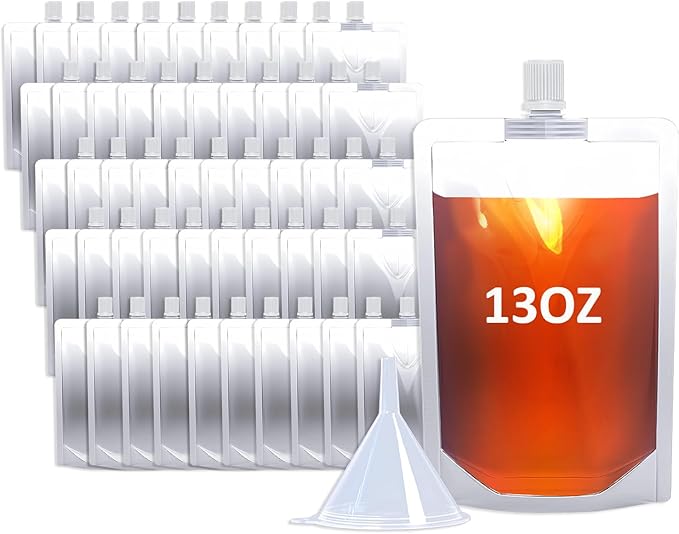 13OZ 50PCS Drink Pouches,Reusable Plastic Flask with Funnel for Drinking Liquid Beverage Juice,Stand Up Drink Bags for Travel Camping Outdoor Sport Concert Events,Leak-Proof Food Grade
