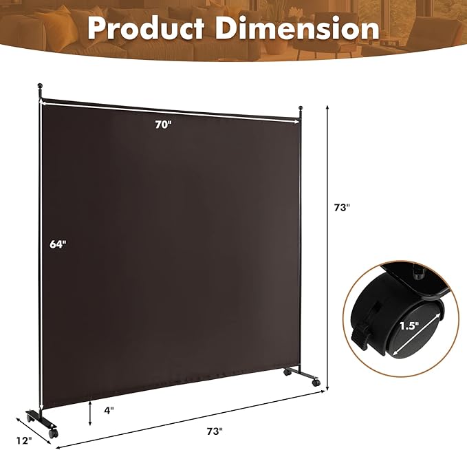 Giantex Room Divider Large Single Panel, 73''W x 73''H Privacy Screen with Lockable Wheels, Rolling Room Divider Panel for Home Office Studio, Partition Fabric Wall Divider for Room Separation, Brown