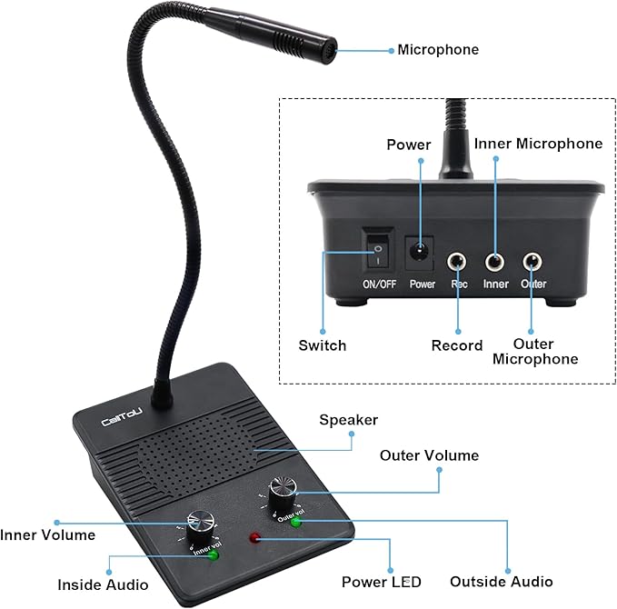 CallToU Window Speaker Intercom System,Dual Way Anti-Interference Intercommunication Microphone Talk Through Glass Window,for Business,Bank,Office,Hospital,Counter,Store,Station,School and More