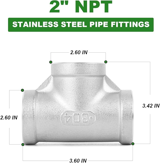 TAISHER 1PCS 304 Stainless Steel Tee Pipe Fittings, 2" x 2" x 2" NPT Female Pipe Fittings