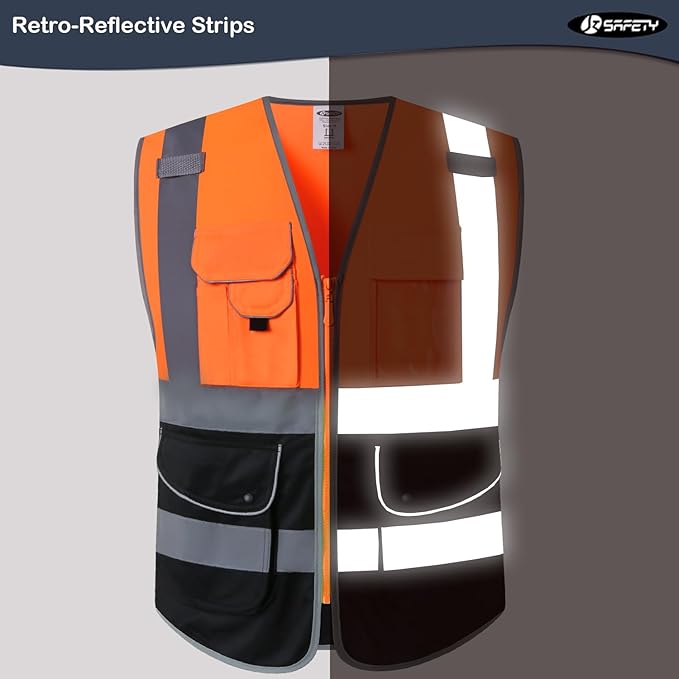 JKSafety 9 Pockets Class 2 High Visibility Zipper Front Safety Vest With Reflective Strips,Meets ANSI/ISEA Standards (150-Orange 3XL)