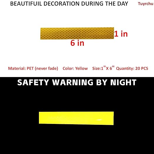 Non Fading Yellow Reflective Stickers 1 inch X 6 inch, Outdoor Waterproof High Visibility Warning Safety Adhesive Reflector Tape (20 Pcs)