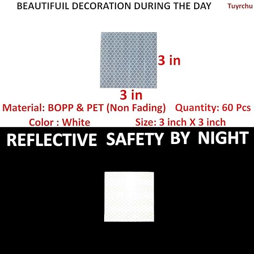 White Reflective Stickers 3 inch X 3 inch, Outdoor Waterproof High Visibility Warning Safety Adhesive Reflector Tape (60 Pcs)