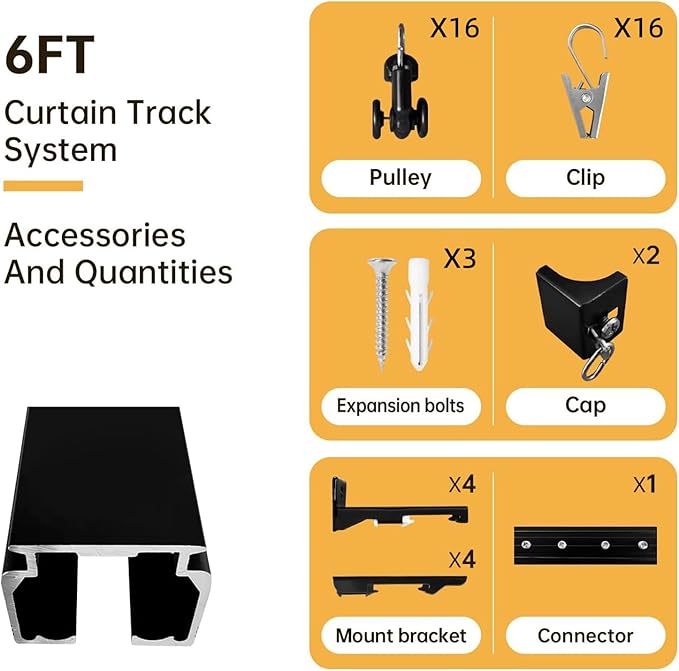 Ceiling Curtain Track Ceiling and Wall Mounted Heavy-Duty Curtains Rails Room Divider Curtains Shower RV Tracks Ceiling Sliding Curtain Rods With Clips,Black 6ft.