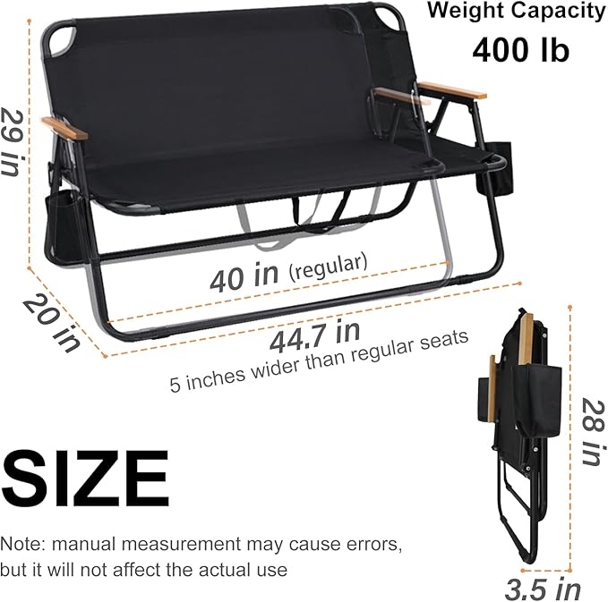 ptlsy 2 Person Camping Chair Oversized Loveseat Camping Chair Double Camping Chairs for Adults Heavy Duty Camping Couch Black Outdoor Folding Chair Portable Patio Lawn Chair