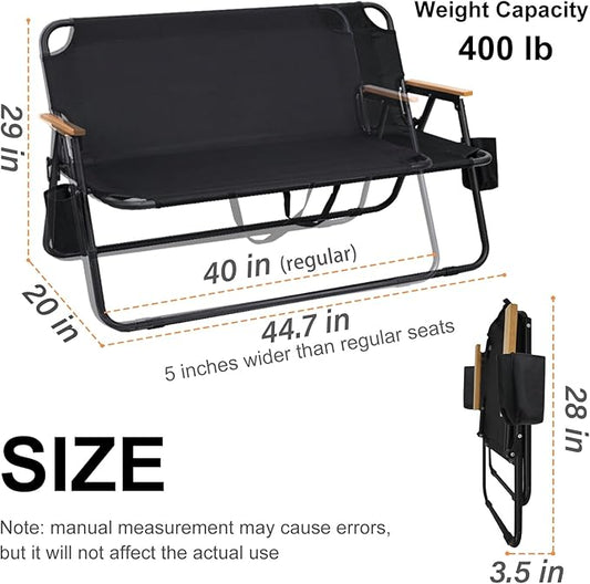 ptlsy 2 Person Camping Chair Oversized Loveseat Camping Chair Double Camping Chairs for Adults Heavy Duty Camping Couch Black Outdoor Folding Chair Portable Patio Lawn Chair