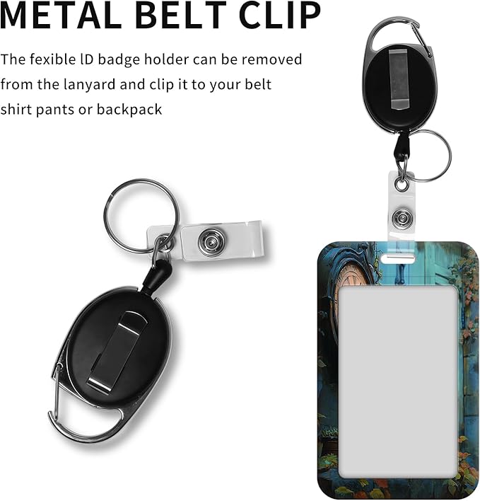 ID Badge Holder with Retractable Lanyard for Women & Men,Vertical ID Card Holder Wallet,Clear Window&Card Slot,Detachable Neck Strap for Nurse Teacher Office,Clock Cat Fantasy