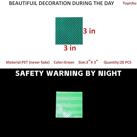 Non Fading Green Reflective Stickers 3 inch X 3 inch, Outdoor Waterproof High Visibility Warning Safety Adhesive Reflector Tape (20 Pcs)