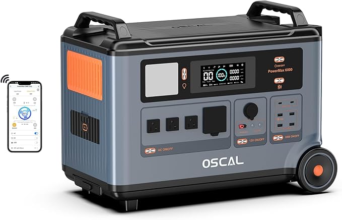 OSCAL PowerMax 6000 Solar Generator, 3600Wh LFP Battery Power Station, Expandable to 57.6kWh, 120/240V Split Phase Voltage 6000W AC Outlets (9000W Peak), 2200W/1.96H Fast Charging, Emergency for Home