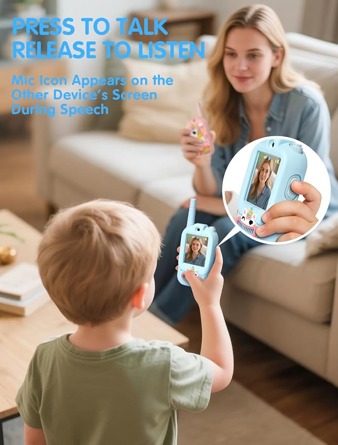 Walkie Talkie for Kids with Video: 2 Pack Rechargeable Toddler Toys with HD Camera & Voice Changer, Long Range Gift Toys for Boy & Girl Age 3-8 for Outdoor Play, Camping (Dinosaur Blue/Unicorn Pink)