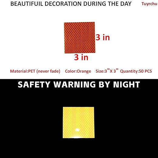 Non Fading Orange Reflective Stickers 3 inch X 3 inch, Outdoor Waterproof High Visibility Warning Safety Adhesive Reflector Tape (50 Pcs)