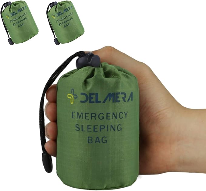 Delmera Emergency Sleeping Bag, Lightweight Survival Sleeping Bags Waterproof Thermal Emergency Blanket, Bivy Sack Survival Gear for Outdoor Adventure, Camping, Hiking, Orange, Green