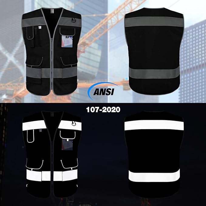 TCCFCCT Hi Vis Vest, 9 Pockets High Visibility Reflective Safety Vest for Men Women, Safety Construction Vest with Reflective Strips, Meets ANSI/ISEA Standards, (Black, Medium)