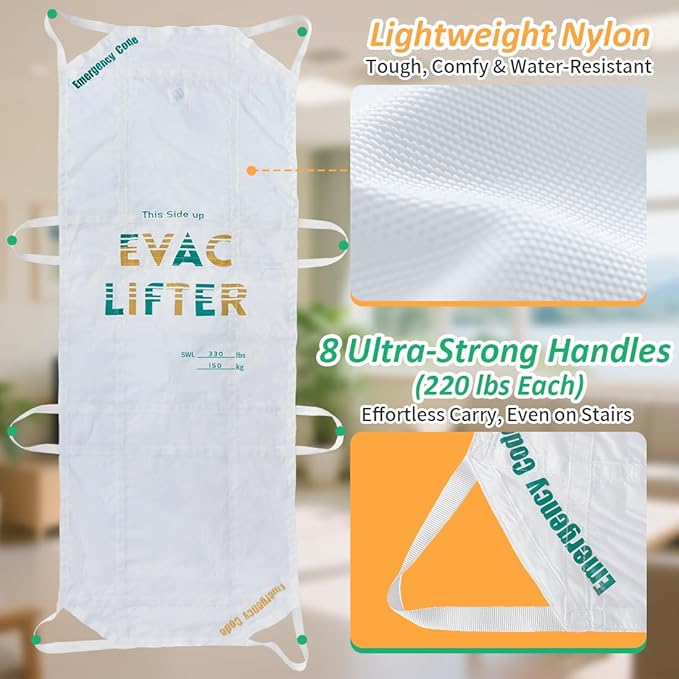 Emergency Evacuation Lifter – Portable Soft Stretcher with 8 Handles, Heavy Duty Nylon Rescue Carry Sheet for Patient Transfer, EMS, Disaster Evacuation & Outdoor Rescue,Water-Resistant, SWL 330 lbs