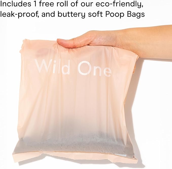 Wild One Dog Poop Bag Holder and Dispenser with Leash Attachment, Leak Proof, Easy Twist Top for Refills, Includes 1 Roll Bags, Black