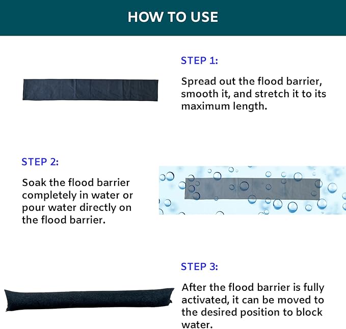 2Pcs 5FT Water Activated Flood Barriers for Garage and Home Doors, Sandless Sandbag for Rain Water Control, Easy to Use (5ft, 2Pack)