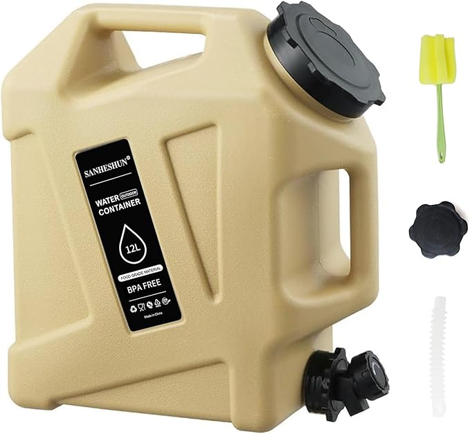 3.2 Gallon Water Jug,Camping Water Container with Spigot,BPA-Free with Cleaning,Brush Military Green Tank Portable,Suitable for Outdoor Camping and Hiking,Khaki