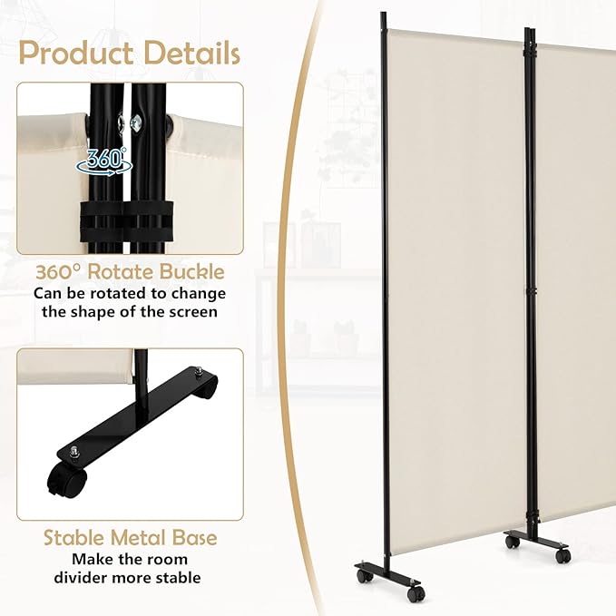 GOFLAME 6 Panel Folding Room Divider, 6FT Rolling Privacy Screen with Lockable Wheels, Portable Room Partition Screen, Freestanding Wall Divider and Separator for Home Office, White