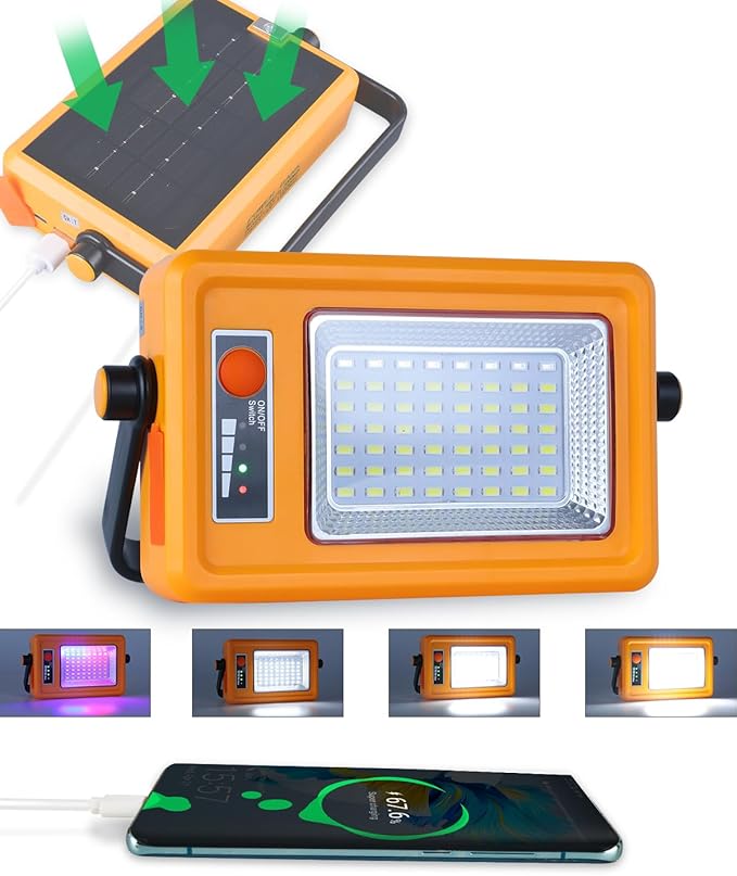 50W Multifunction Solar Rechargeable Work Light 56 LED Portable Flood Light with Stand 4 Modes LED Waterproof Job Site for Car Repair Fishing Camping Mechanic 1 Pack