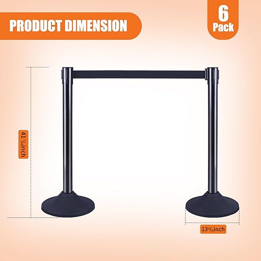 41" Black Crowd Control Stanchion Set, Stable Heavy-Duty Rubber Base with 10 Feet Retractable Belt Crowd Control Barriers, Retractable stanchions for Outdoor Safety (6 Pack)