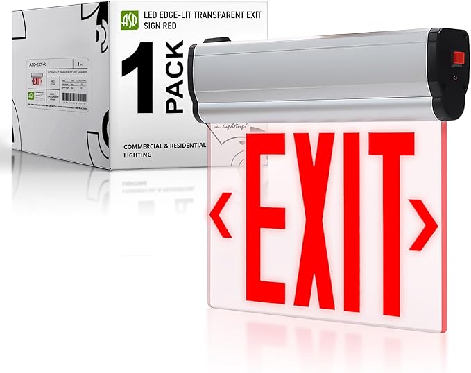 ASD LED Exit Sign with Battery Backup - 120/277V UL 3W Transparent Rotatable Emergency Exit Light for Business, Commercial Hardwired Damp Location Power Outage Lights, Red