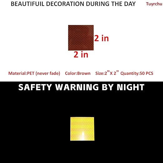 Non Fading Brown Reflective Stickers 2 inch X 2 inch, Outdoor Waterproof High Visibility Warning Safety Adhesive Reflector Tape (50 Pcs)