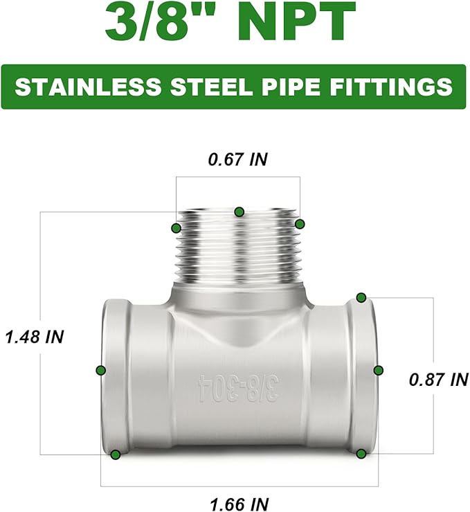 TAISHER 2PCS 304 Stainless Steel Tee Pipe Fittings, 3/8" NPT Female x 3/8" NPT Male x 3/8" NPT Female Pipe Fittings, Male Branch Tee