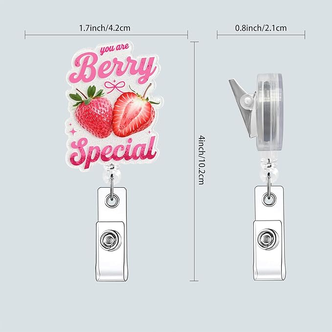 Berry Special Badge Buddy, Nurse Retractable Badge Holder with Clip, Glitter Acrylic Badge Reel for RN, LPN, CNA, Pink Cute Design (Strawberry)