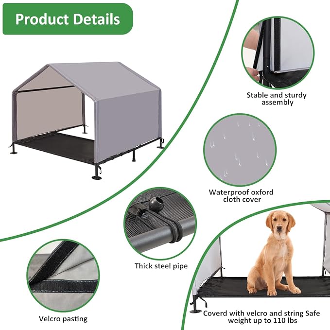 Dog Shade Shelter Outdoor Tent for Small Medium Large Dogs, Outside Sun Rain Canopy Pet House for Dogs Cats Livestock, Grey