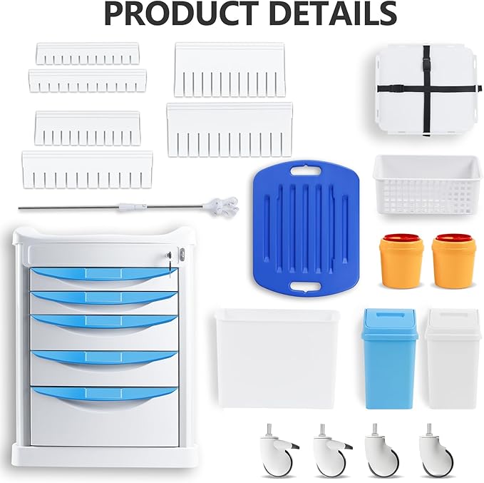 Kalolary Adjustable Rolling Medical Storage Crash Cart with 5 Drawers & 4 Silent Wheels, Mobile Medical Cartwith 2 Trash Cans for Clinic, Hospital, Salon