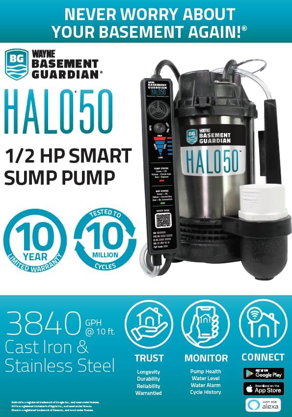 WAYNE HALO50 Smart Sump Pump – ½ HP Stainless Steel Basement Protection Pump, Up to 5,100 GPH – Digitally Connected Flood Protection with App Monitoring – Quiet Operation