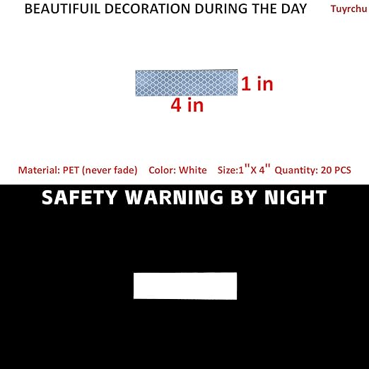 Non Fading White Reflective Stickers 1 inch X 4 inch, Outdoor Waterproof High Visibility Warning Safety Adhesive Reflector Tape (20 Pcs)