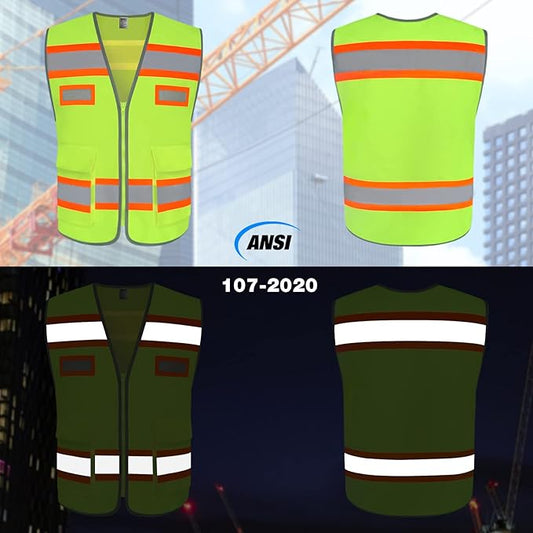 TCCFCCT High Visibility Vest with Pockets Reflective Safety Vest for Men Women, Construction Vest with Fluorescent Orange Extend Edge, Meets ANSI/ISEA Standards, Yellow, S