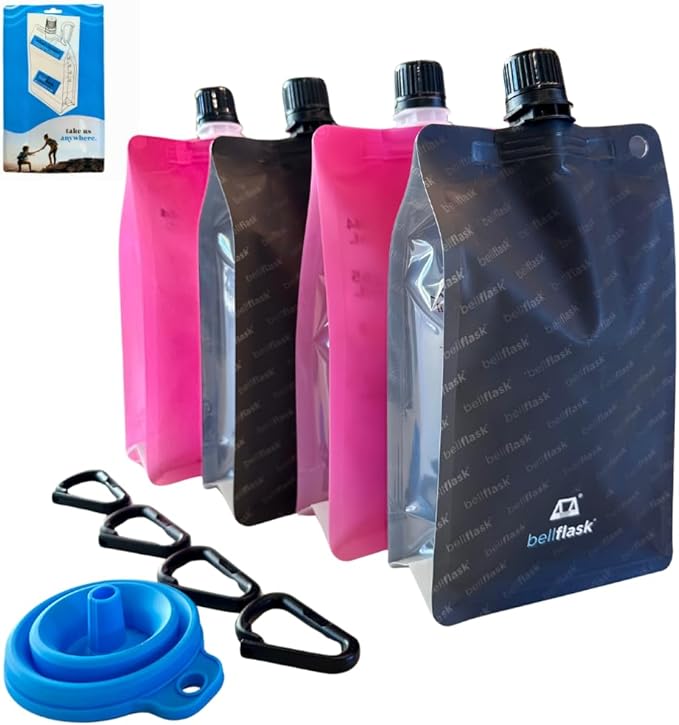 BellFlask - 15 oz. Plastic Flask, Patented, Flexible, Metal-Free, Reusuable, BPA-Free with Carabiner Clip and Filling Funnel