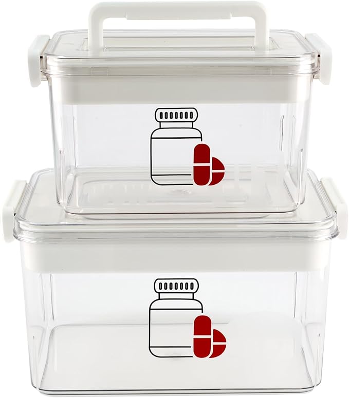 2 Pack First Aid Box, Clear Plastic Medicine Storage Box with Lock Lid & Handle, Medicine Kit Case Container Empty, Medical Box for Supplements Medicine Storage Emergency Supplies Organizer