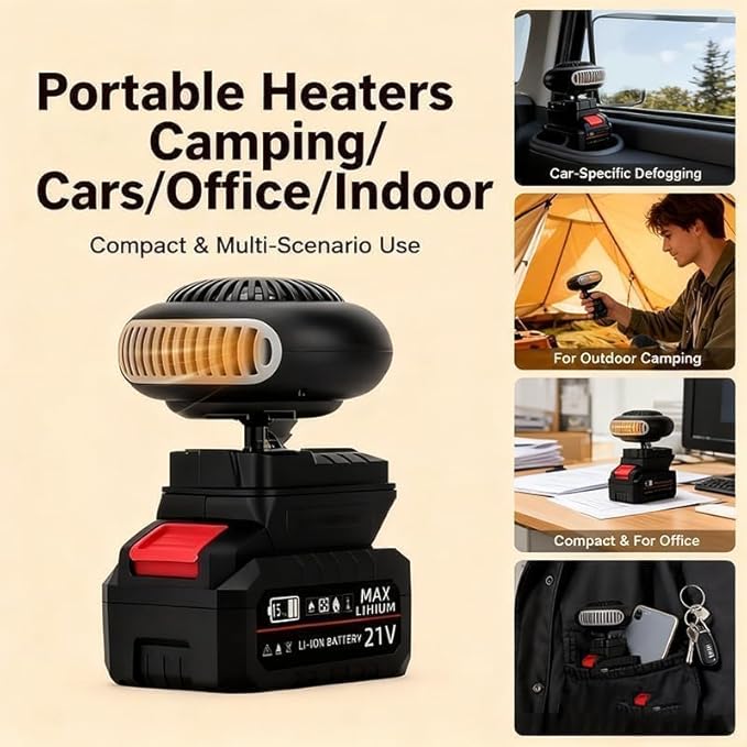 Battery Powered Heater, 2026 New Portable Rechargeable Battery Powered Space Heater Cordless with USB &3900mah Batteries/Anti Tilt Design for Camping/Indoor/Car Defroster (10 Batteries Kit)