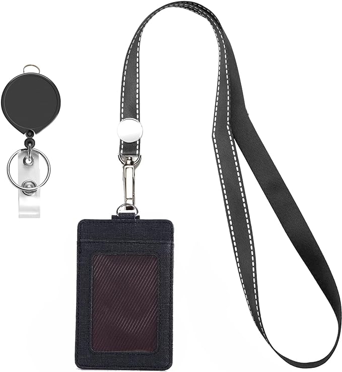 AMUU Black Nylon Neck Lanyard with PU Leather Vertical ID Badge Holder and Retractable Badge Reel,Lanyard,for Keys Kids Women Men,Cruise,1 Pack
