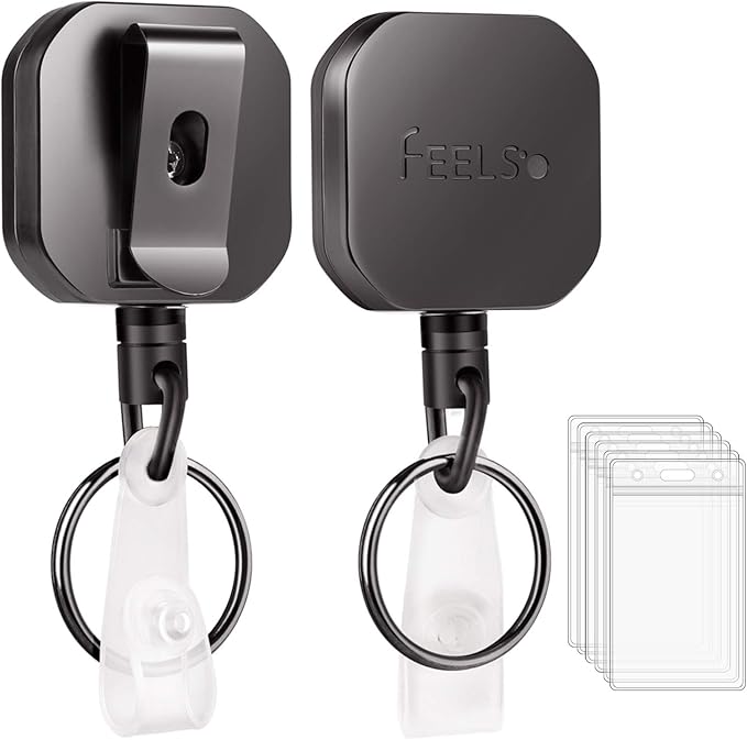 FEELSO Badge Holder Reel Retractable, Metal Heavy Duty Badge Holder with Belt Clip Key Ring and 6pcs Plastic ID Card Holders, Steel Wire Cord Up to 25 inch (2 Pack)