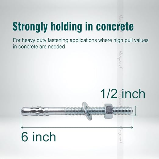 1/2 x 6 inch Carbon Steel Wedge Anchor kit for Concrete Cement Wall Floor Ground Deck Fence Base Bracket, Drill Stud Post Strong Screw Bolt Set.(4 pcs)