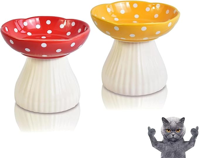 Mushroom Cat Bowl,Whisker Fatigue Cat Bowl,Cute Cat Bowls,Elevated Cat Food Bowl, Lead & Cadmium Free Ceramic Cat Bowls for Food and Water. (Red+Yellow)