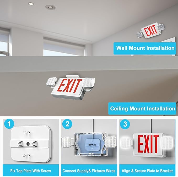 Double Sided LED Emergency EXIT Sign, Remote Capable, Two LED Flood Lights, Backup Battery, US Standard Red Letter, Commercial Grade, 120-277V, FireResistant(UL 94V-0) (1 Pack)