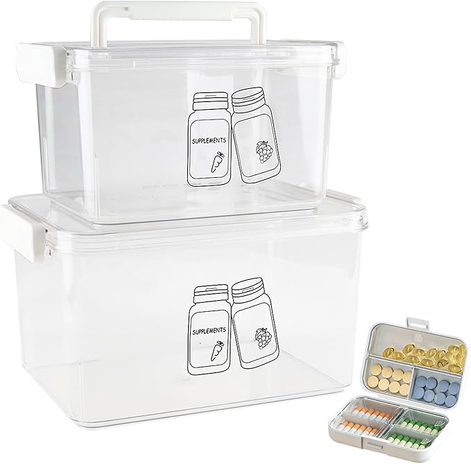 3 Pack Supplement Bottle Organizer with Travel Pill Organizer, Clear Plastic Vitamin Pill Bottle Organizer with Lid & Handle, Stackable First Aid Box Empty for Medicine, Fish Oil, Supplements