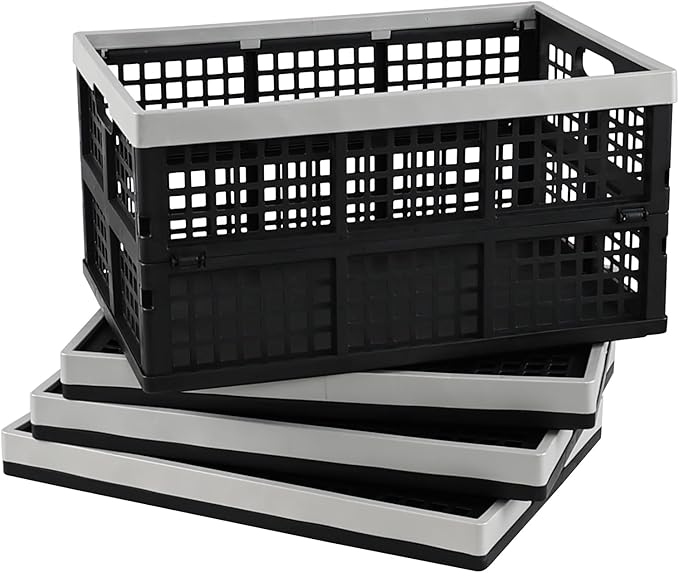Xyskin 4-Pack 42 L Plastic Rectangular Collapsible Crates, Folding Crates Storage, Black