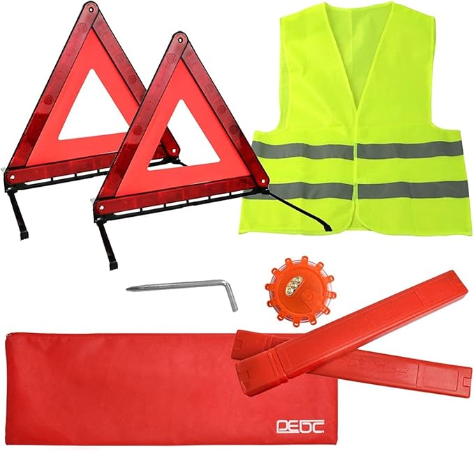 DEDC Car Safety Triangle Warning Kit, Set of 3 Roadside Emergency Kit with Reflective Warning Triangle,Visibility Roadside Vest, LED Road Flares Emergency Lights