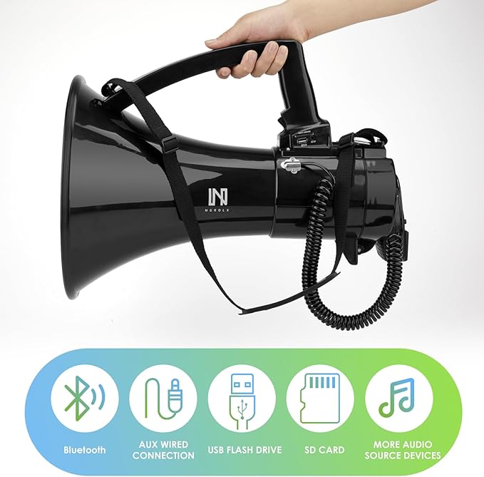 75w Megaphone Bullhorn, Loud Speaker with AUX(3.5mm), USB and Bluetooth Input, Built-in Siren and Recording- Rechargeable Battery-for Outdoors, Police, Cheerleading