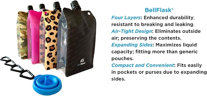 BellFlask - 15 oz. Plastic Flask, Patented, Flexible, Metal-Free, Reusuable, BPA-Free with Carabiner Clip and Filling Funnel