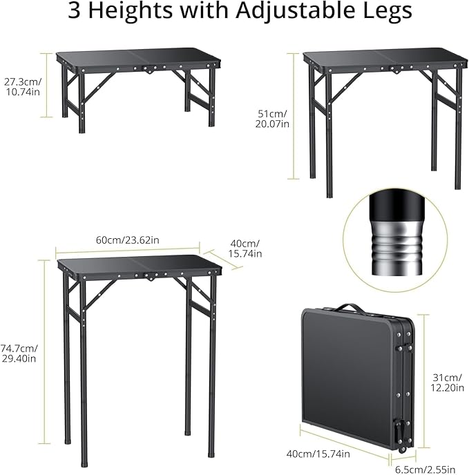 Anbte 2ft Folding Camping Table Max 29.5", 3 Adjustable Height Aluminum Small Folding Table with Storage Net & Portable Handle, Lightweight, for Travel Outdoor Beach Picnic Camp, 23.2" x 16", Black