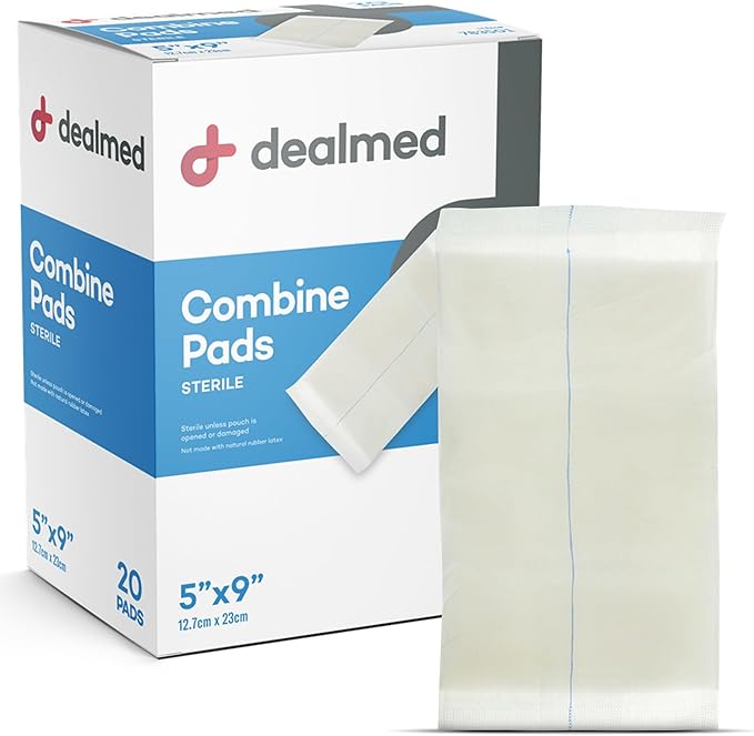 Dealmed Abdominal Combine Pads 5"x9" (20-Pack) Sterile Individually Wrapped, ABD Pads, Absorbent, Non Adherent for Wound Care, Drainage, First Aid, 20/Box (1 Pack)