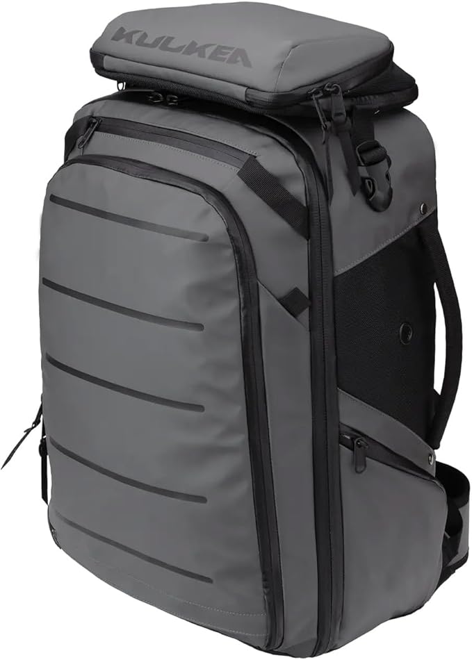 Käydä 44L Travel Backpack - Spacious Carry On Backpack with Detachable Travel Pouch, Magnetic Water Bottle Pocket, Passport and Laptop Pocket - Convertible Boot Bag for Snow Sports (Grey/Black)