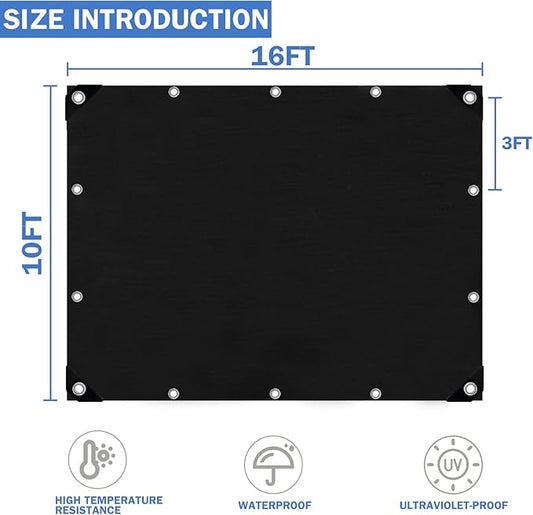 10x16FT Tarps Heavy Duty Waterproof, Large Heavy Duty Tarps with Grommets Reinforced Edges, UV Resistant, Tear&Fade Resistant, 16 Mil Black Covers for Camping Patio Roof Boat Outdoor
